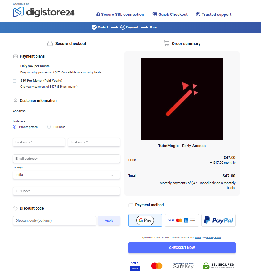 TubeMagic official checkout page with secure payment